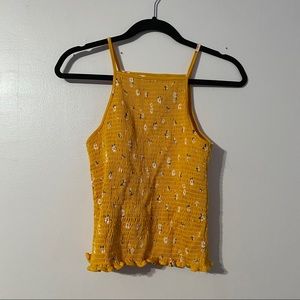 Yellow Shirred High Neck Cropped Tank Top